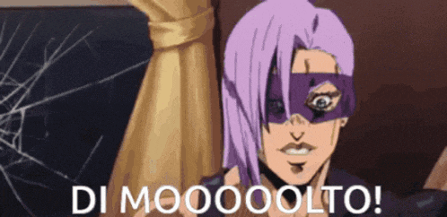 a cartoon character with purple hair and a mask on his face is standing in front of a broken glass window .