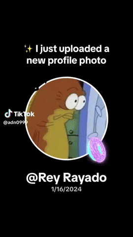 a black background with a cartoon cat and a purple donut and the words i just uploaded a new profile photo @rey rayado