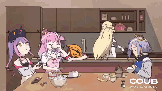 a group of anime girls are gathered around a table with coub written on the bottom right