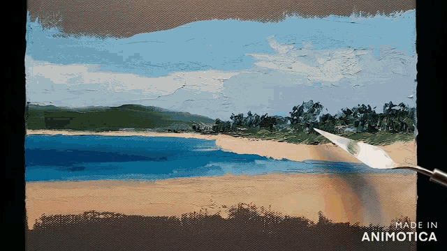 a painting of a beach with the words made in animatica below it