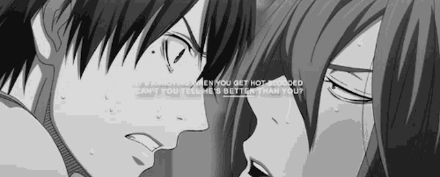 a black and white image of a man and a woman looking at each other with a quote .