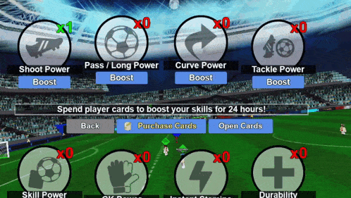 a screenshot of a soccer game where players can spend player cards to boost their skills