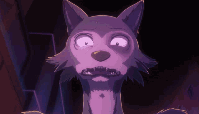 a close up of a cartoon character with a purple face