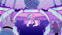 a group of cartoon characters are standing in a room with stairs and a disco ball in the background