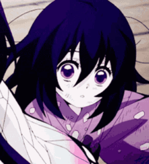 a close up of a purple haired anime girl with purple eyes