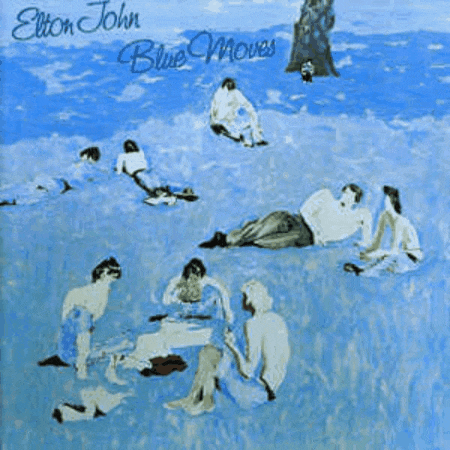 elton john 's album cover for blue moves features a group of people laying on the beach