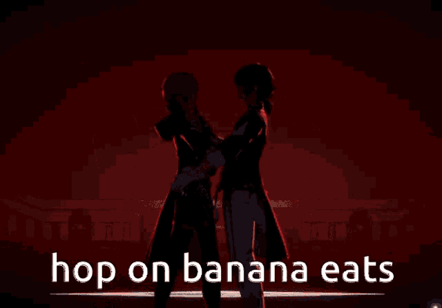 a couple of anime characters standing next to each other with the words hop on banana eats below them