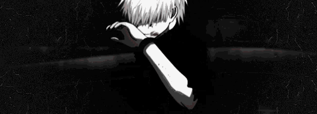 a black and white anime character is covering his face with his hands .