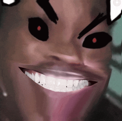a close up of a face with black eyes and a smile