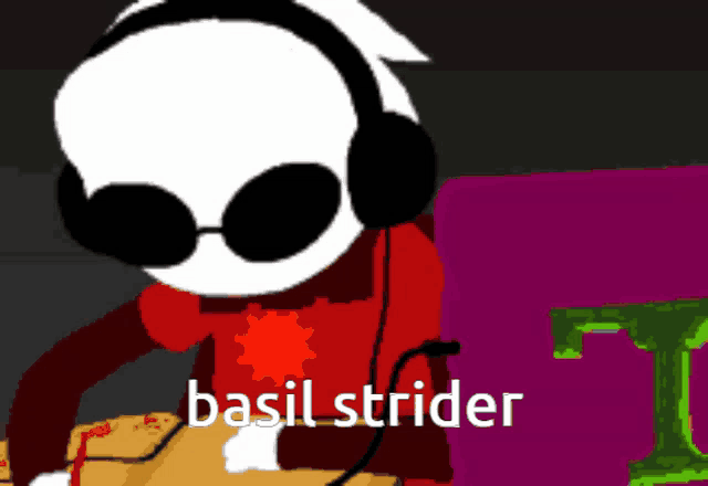 a cartoon character is wearing headphones and the name basil strider is on the bottom