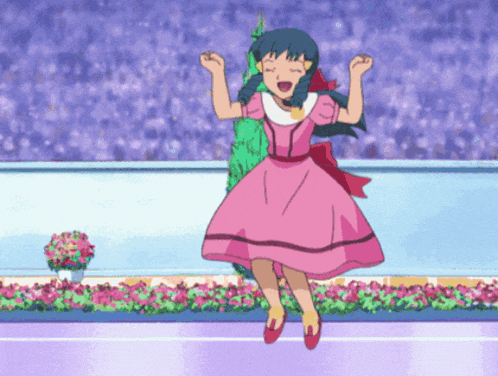 a girl in a pink dress is jumping in the air with her arms outstretched