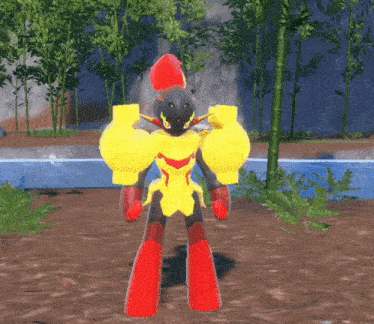 a cartoon character with yellow arms and red legs is standing in front of a body of water