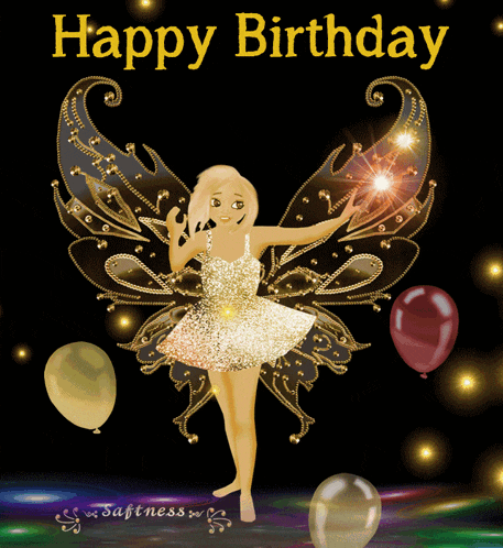 a happy birthday card with a fairy holding a sparkler