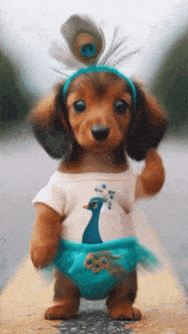 a dachshund wearing a peacock outfit with a peacock feather headband