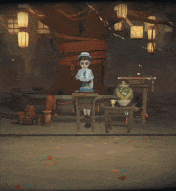 a cartoon character is standing in a room with lanterns on the wall