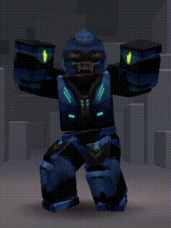 a blue robot with glowing arms and a helmet