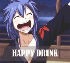 a picture of a girl with blue hair and the words happy drunk on the bottom