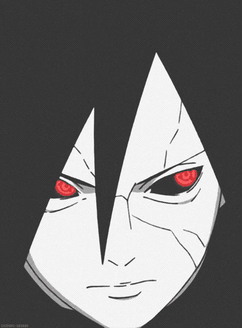 a black and white drawing of a person 's face with red eyes and a triangle shaped face