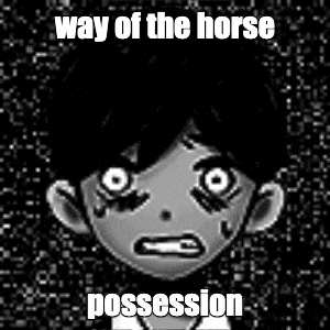 a black and white image of a boy with white eyes and the words `` way of the horse possession '' written on it .