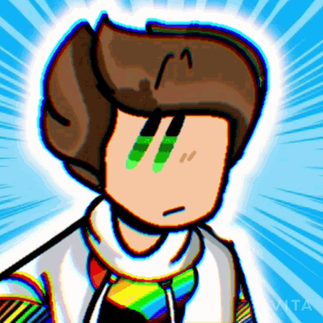 a drawing of a boy with a rainbow shirt and a white hoodie
