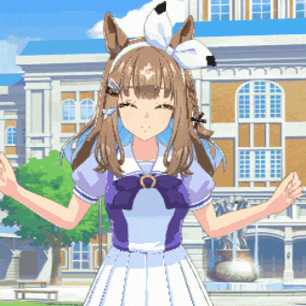 a girl with brown hair and a white bow on her head stands in front of a building