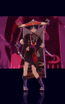 a cartoon character is sitting on a chair holding a sword and a hat .