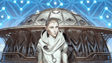 a woman in a white dress is standing in front of a dome in a video game .