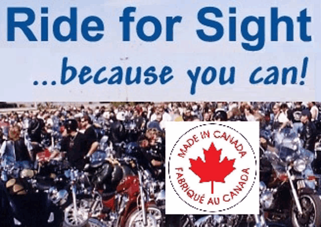 a large group of people are riding motorcycles in front of a sign that says ride for sight