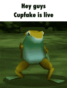 a frog is dancing with the words hey guys cupfake is live