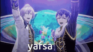 a couple of anime characters standing next to each other with their arms in the air and the word yafsa in the corner .