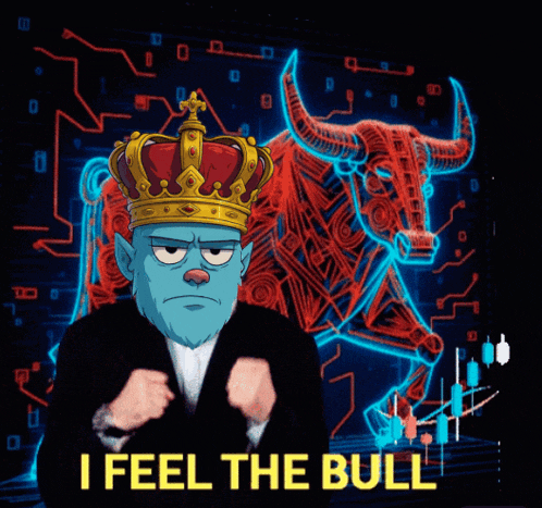 a cartoon of a man wearing a crown with the words i feel the bull below him