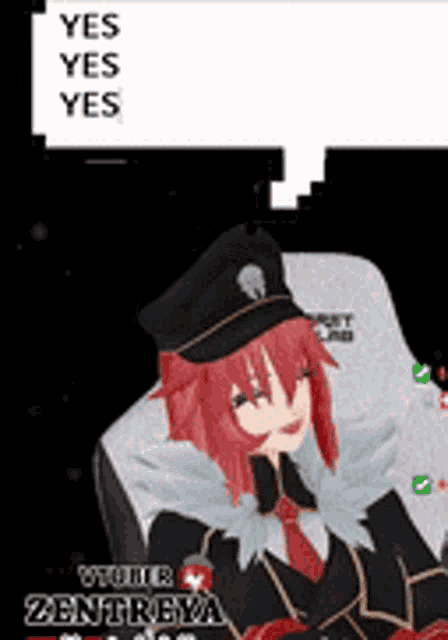 a red haired anime girl is sitting in a chair with a speech bubble that says yes yes yes .