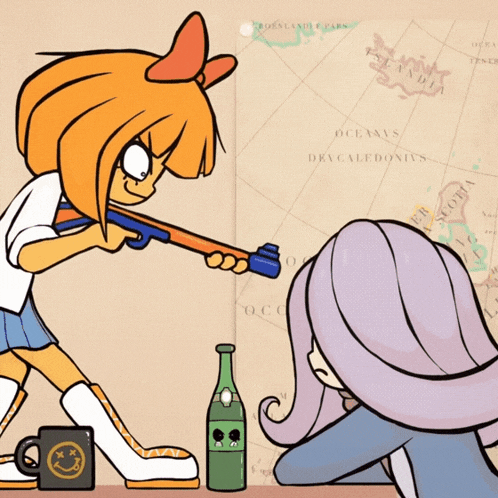 a cartoon drawing of a girl holding a gun next to a mug that says x on it