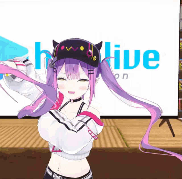 a girl with purple hair is standing in front of a sign that says " live "