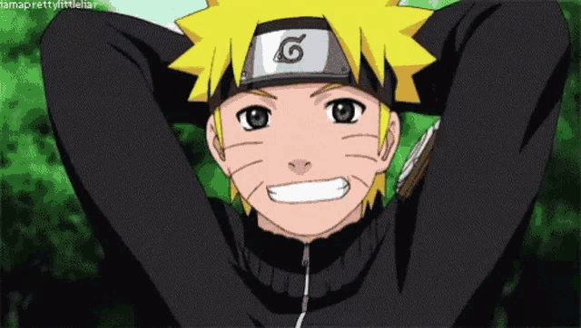 naruto is wearing a headband with the letter g on it and smiling with his hands behind his head .