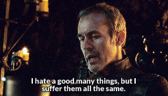 a man is saying that he hates good many things but he suffers them all the same