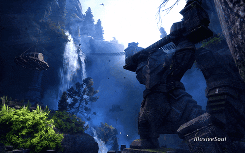 a picture of a waterfall and a statue with illusive soul on the bottom