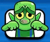 a green cartoon character is making a sad face and pointing at himself .