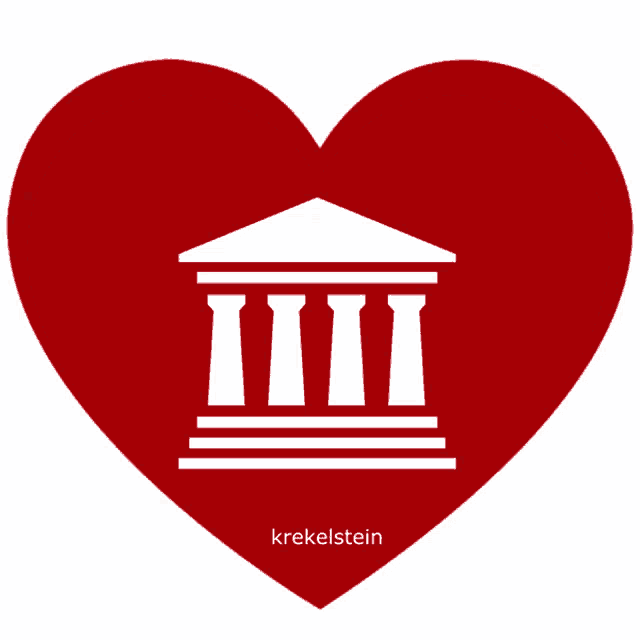 a red heart with a white building inside of it and the name krekelstein below it