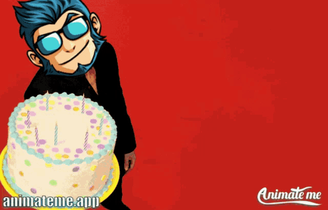 animate me app says happy birthday with a man holding a birthday cake