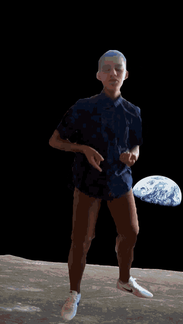 a man in a blue shirt and brown shorts stands on the moon