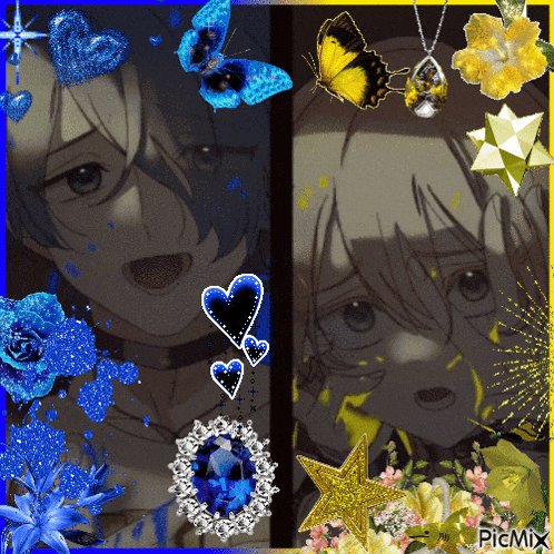 a picture of a boy with butterflies and flowers has the word picmix on the bottom right