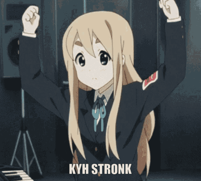 a blonde anime girl is standing in front of a piano with the words " kyh stronk " above her