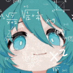 a girl with blue hair is surrounded by math equations on a blackboard