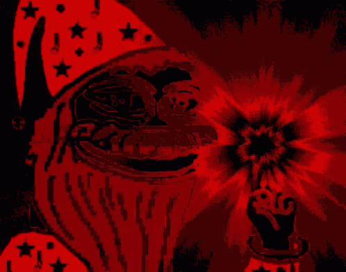 a red and black drawing of a cartoon character with a hat on