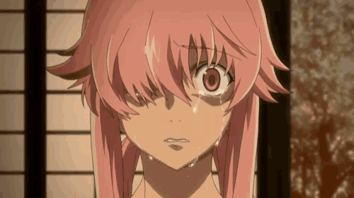 a close up of a girl with pink hair and tears running down her face