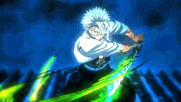 a man with white hair is holding a green sword in his hands .