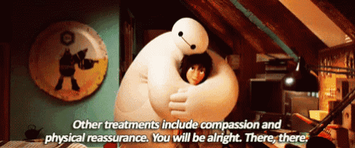 a cartoon character is hugging another cartoon character with the words " other treatments include compassion and physical reassurance .