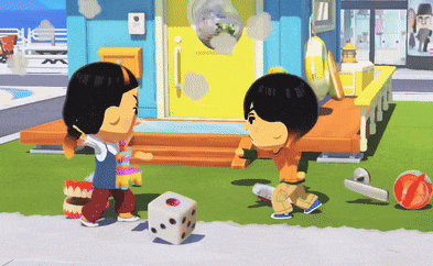 two cartoon characters playing a game with a dice