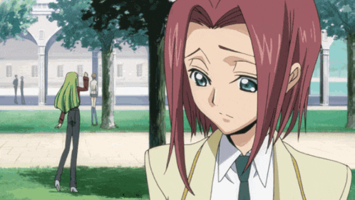 a girl with red hair and a white shirt and tie is standing in a park